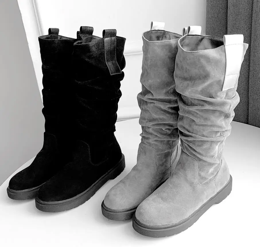 Женские ботинки до середины икры; повседневная обувь на плоской подошве; Западная пастушка; женские высокие сапоги с круглым носком; сезон осень-зима; размеры 34-43; g795