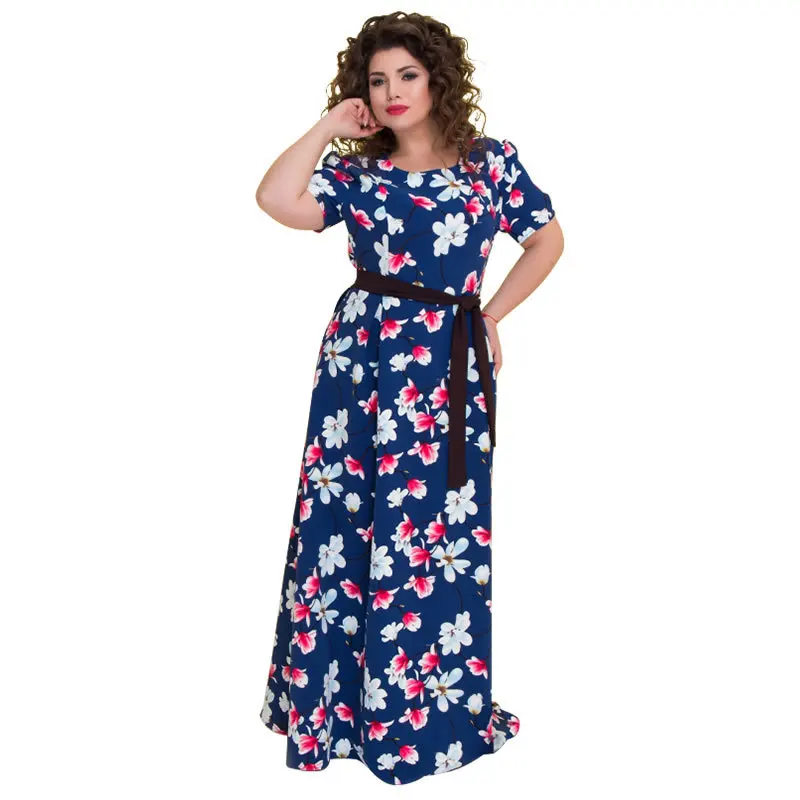 

Oversized Women Short Sleeve Maxi Long Dress Fashion Party Round Collar Floral Dress Belt Vintage High Waist Plus Size Dress 6XL