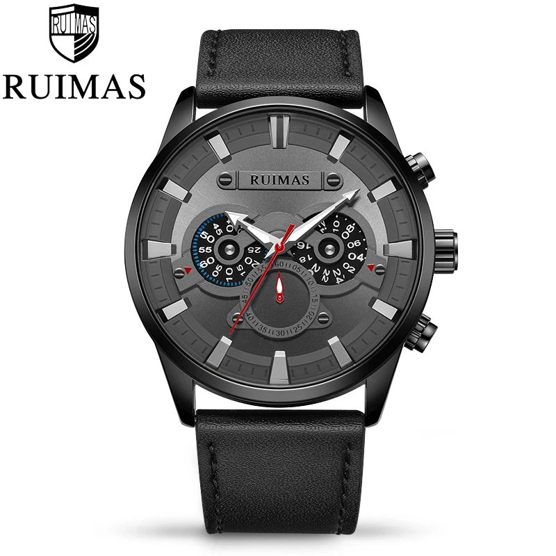 

RUIMAS Montre Homme 2019 Men Watch Chronograph Quartz Watch Waterproof Dial Leather Strap Gentleman Military Wristwatch