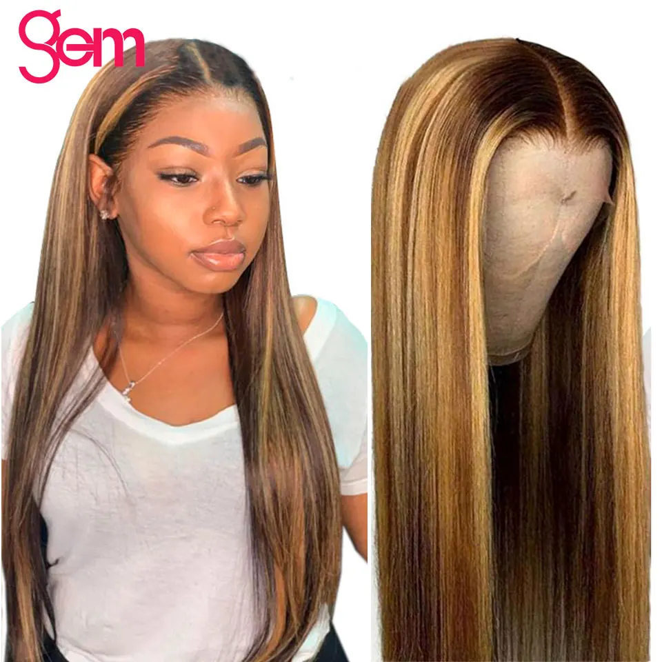 

Highlight Wigs Human Hair Ombre Lace Front Wig Pre Plucked GEM 30 Inch Straight Human Hair 13x4 HD Transparent Lace Frontal Wigs