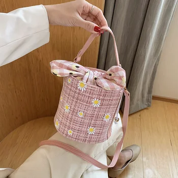 

Fashion Woven Knit Bucket Bag Women Daisy Flower Bow Handbag Totes Ladies Shoulder Crossbody Satchel Small Bag For Girl