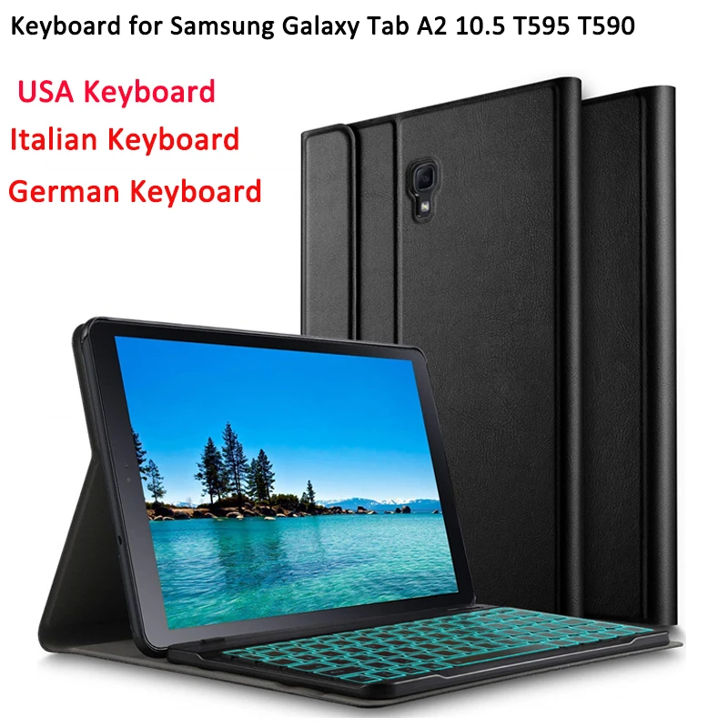 

2 in 1 Keyboard for Samsung Galaxy Tab A2 10.5 T595 T590 Italian/German Keyboards Backlit Tablet Bluetooth USA Keyboard+Case