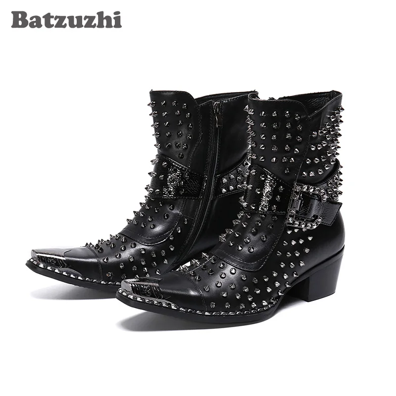 

Batzuzhi Men Black Genuine Leather 6.5cm High Heels Boots Men Boots Rivets Botas Hombre Pointed Metal Tip, Big Size EUR38-46