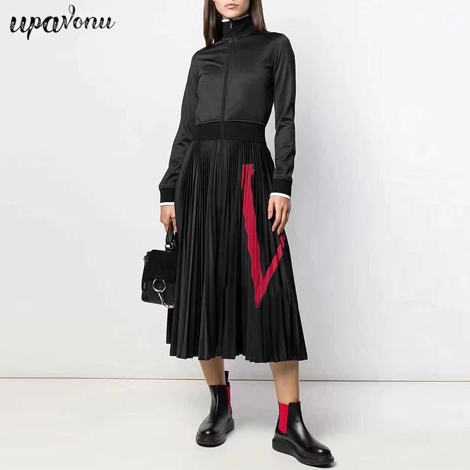 Online 2019 nueva mujer otoño Navidad negro plisado vestido Oficina elegante manga larga soporte cuello Sexy vestido de fiesta Vestidos