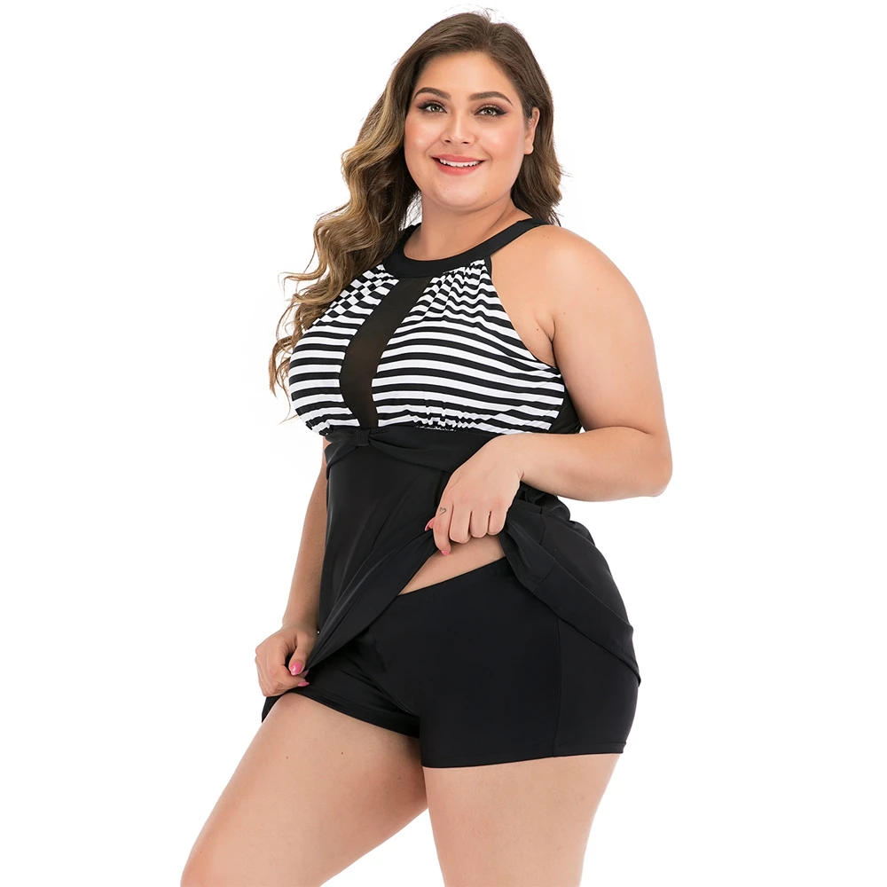 New Tankini Swimsuit Women Swim Skirt One Piece Plus Size Swimwear Shorts 2020 Vintage Stripe Large Size Bathing Suit Dress 3XL