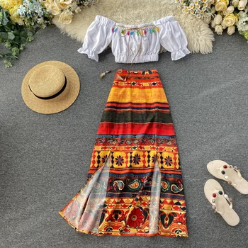 

Bohemian Summer Vacation Beach 2pcs Set Sexy Slash Neck Puff Sleeve Short Tops + Print Long Skirt Boho Chic Two Piece Sets 2020