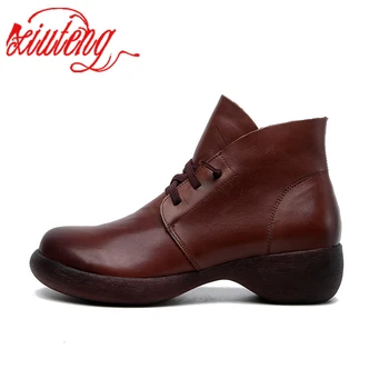 

Women Winter Snow Boots Genuine Leather Ankle Spring Flat Shoes Woman Short Botas with Fur 2020 for Women Lace Up Botas Mujer