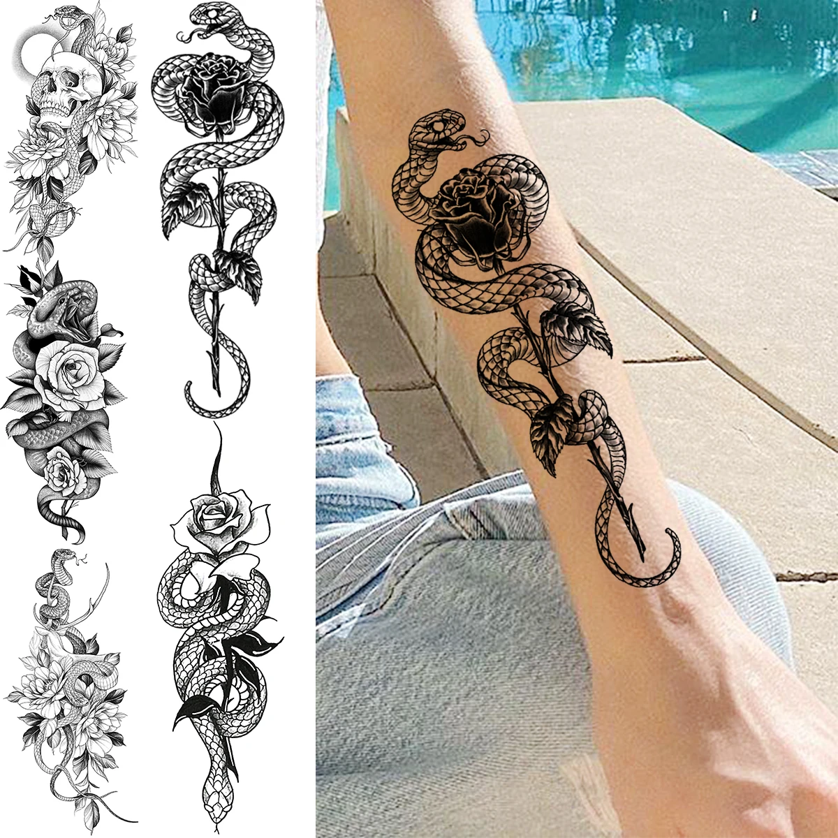 

Временные татуировки для женщин, реалистичные татуировки со змеей, розой, цветами, черепом, пионами для взрослых и девушек, модные водонепроницаемые татуировки с полурукавами