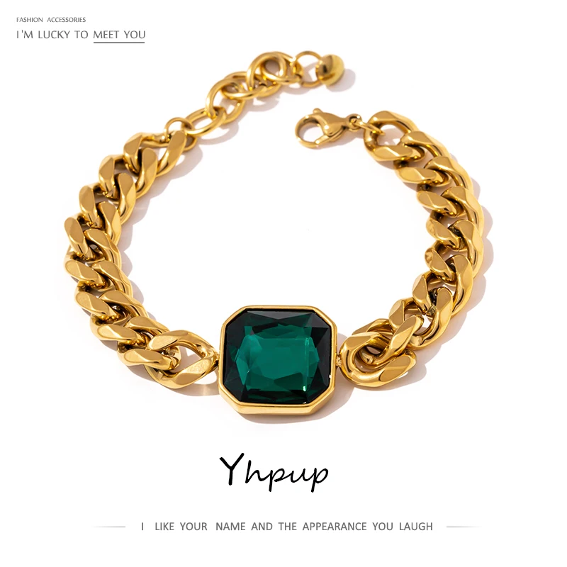 Yhpup Green Crystal Stainless Steel Gold Bracelets Bangle for Women Hip Hop Thick Chain18