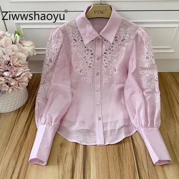 

Ziwwshaoyu 2020 Summer Designer Women's Shirt Hollow Out Embroidery Long Sleeve Casual Fine Top Blouse Pink Women