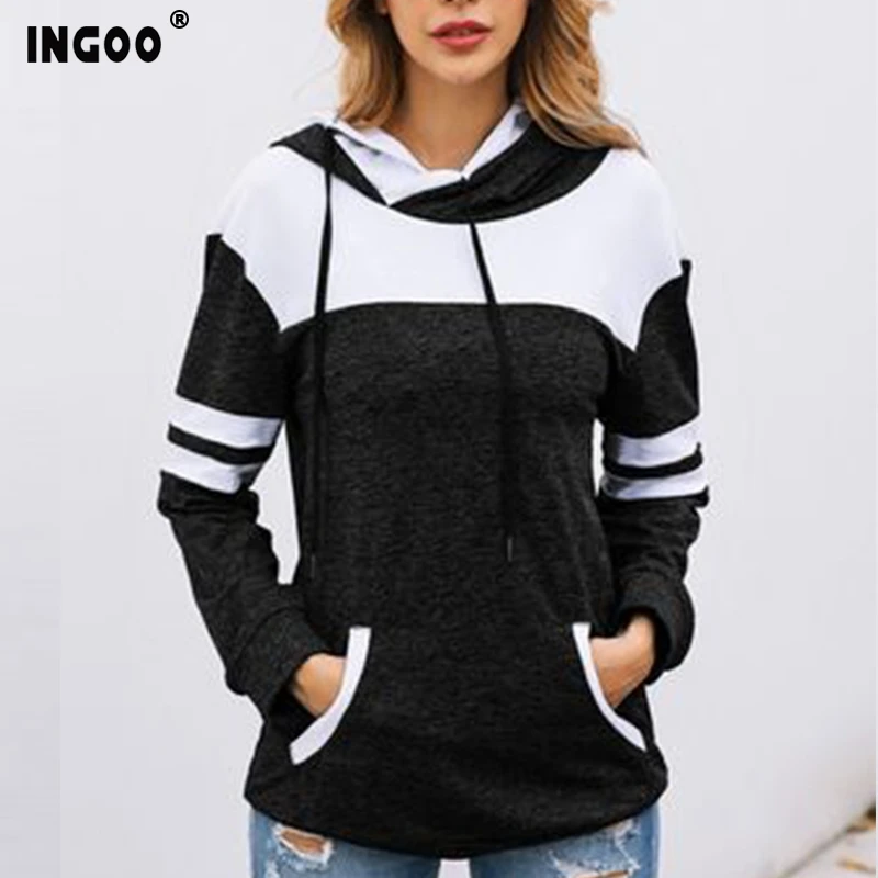 

INGOO Autumn Fleece Women's Hoodies Casual Patchwork Pullover Hoody Fashion 3 Clolor Two Hat Warm Hooded Sweatshirt Female