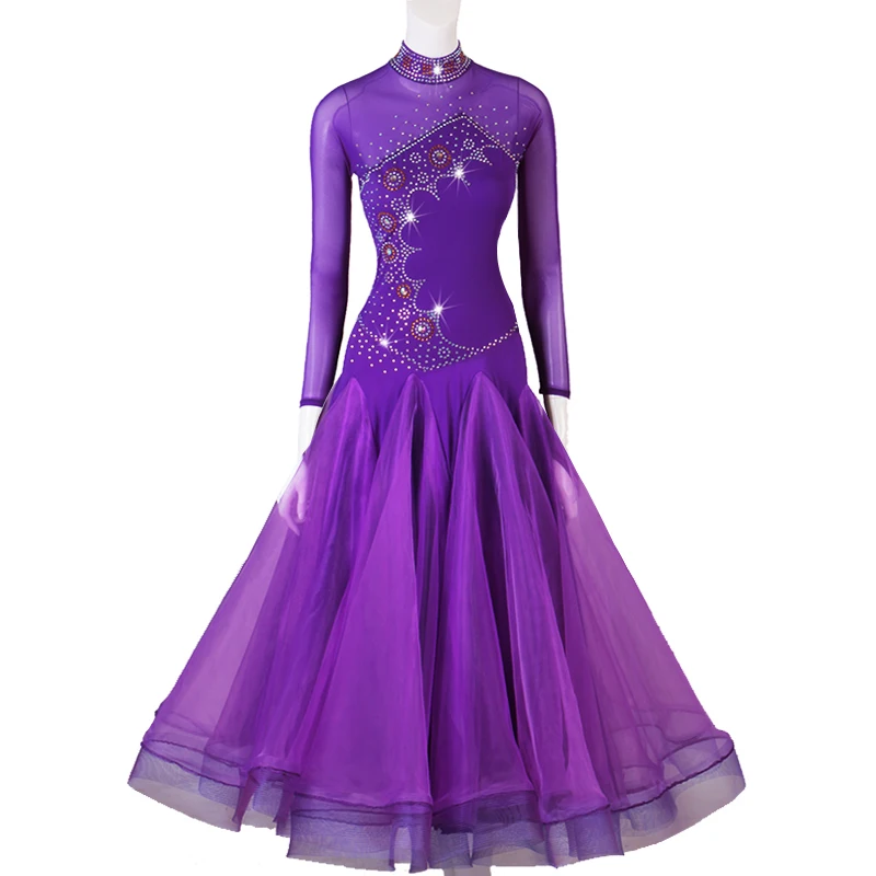 

New Women Shiny Rhinestone Long Sleeve Big Swing Modern Dance Competition Dress Female Ballroom Dance Practice Clothing DQL4575