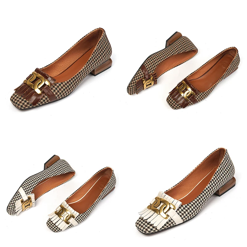 New Style Retro Leather Women's Shoes Fashion Tassel Beads Square Toe Plaid Open Toe Casual Shoes Thick Heel Size 34-40 Handmade
