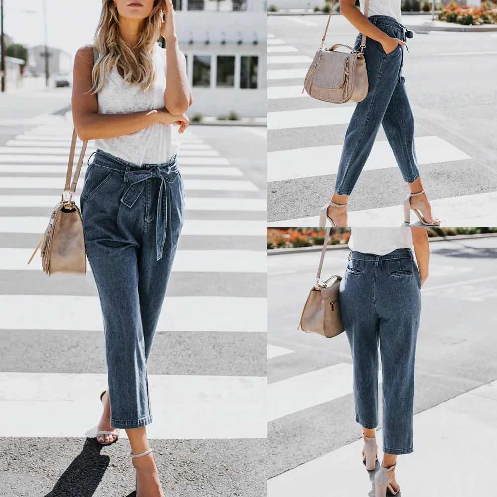 KANCOOLD Women Hight Waisted Loose Bow Bandage Hole Denim Jeans Stretch Pants push up Black jeans Plus size High Quality New - Цвет: Розовый
