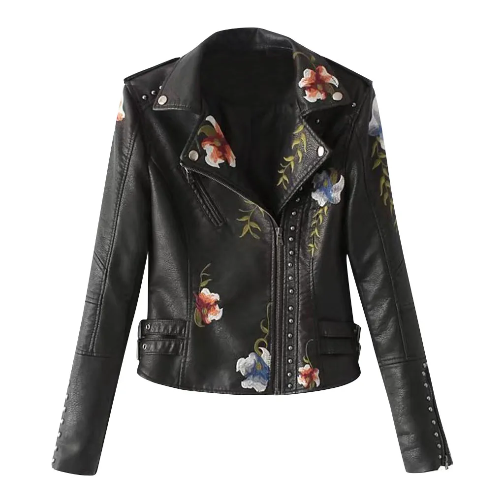 Новое Женское пальто с шипами из искусственной кожи с вышивкой мотоциклетная куртка-Женская приталенная байкерская куртка с вышитыми цветами - Цвет: Черный