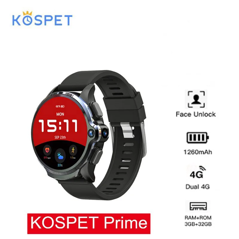 Смарт часы KOSPET Prime 4G телефон 3 ГБ ОЗУ 32 Гб ПЗУ 1 6 дюйма спортивные gps две камеры 1260