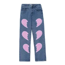 Pantalones vaqueros holgados de algodón para hombre y mujer, pantalón informal con bordado de parche de amor, estilo Kpop, moda coreana