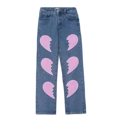 Pantalones vaqueros holgados de algodón para hombre y mujer, pantalón informal con bordado de parche de amor, estilo Kpop, moda coreana