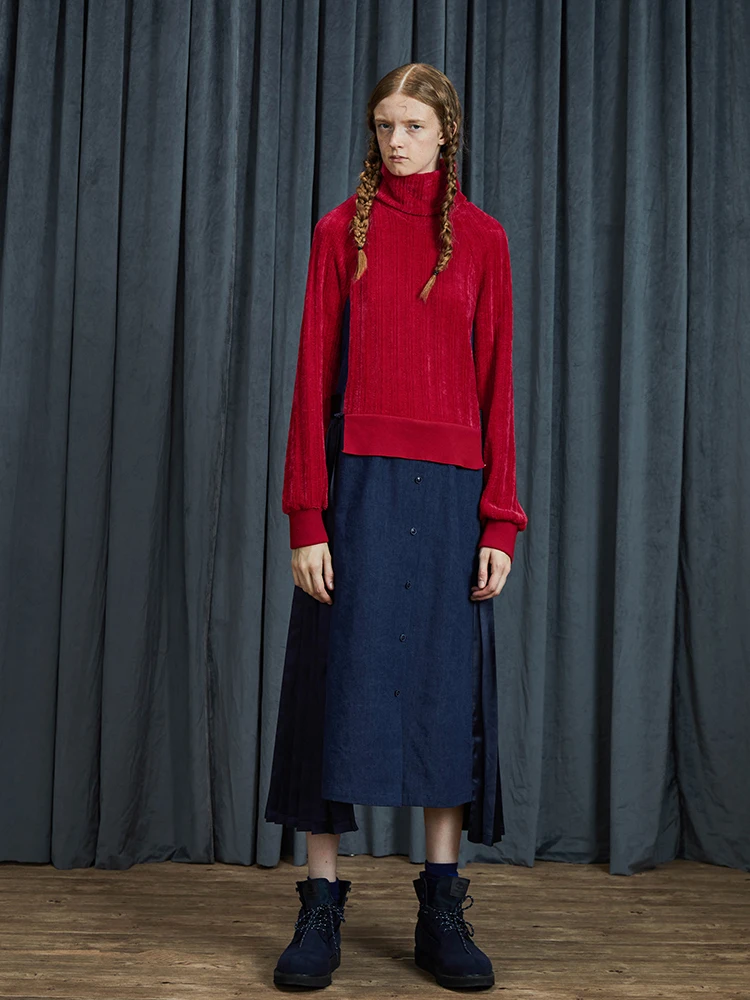 AIGYPTOS, дизайн, для женщин, осень, новая ткань, сшитая, контрастный цвет, художественное, с высоким воротником, платье миди