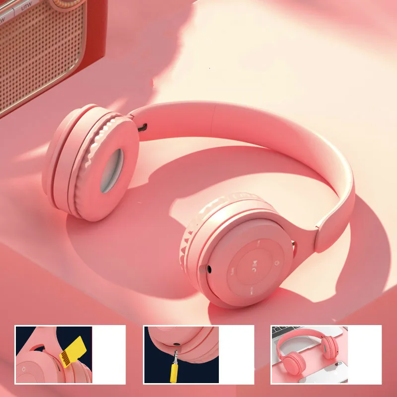 2020 New Macaron Headphones Bluetooth Wireless Mini Headsets PS4 Game Gaming Stereo Headband for Students Kids Gift Pink Green