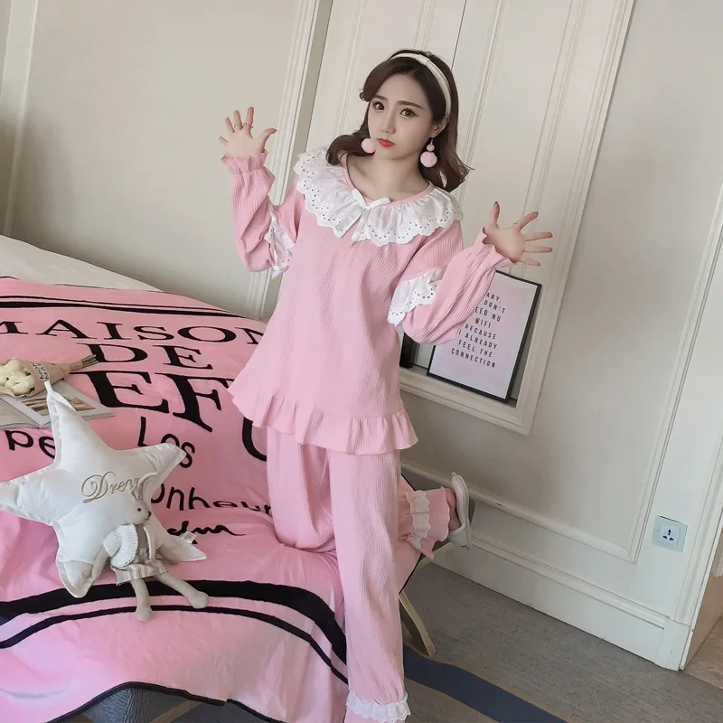 

[Jun xin] Autumn & Winter Long-sleeved for Women Pajamas Korean-style Princess Crew Neck Lace-up Home Wear