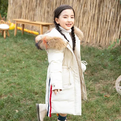Модная одежда для девочек-30 градусов, верхняя одежда на утином пуху, пальто, зимняя детская теплая одежда, парка, куртка с воротником из натурального меха - Цвет: Бежевый