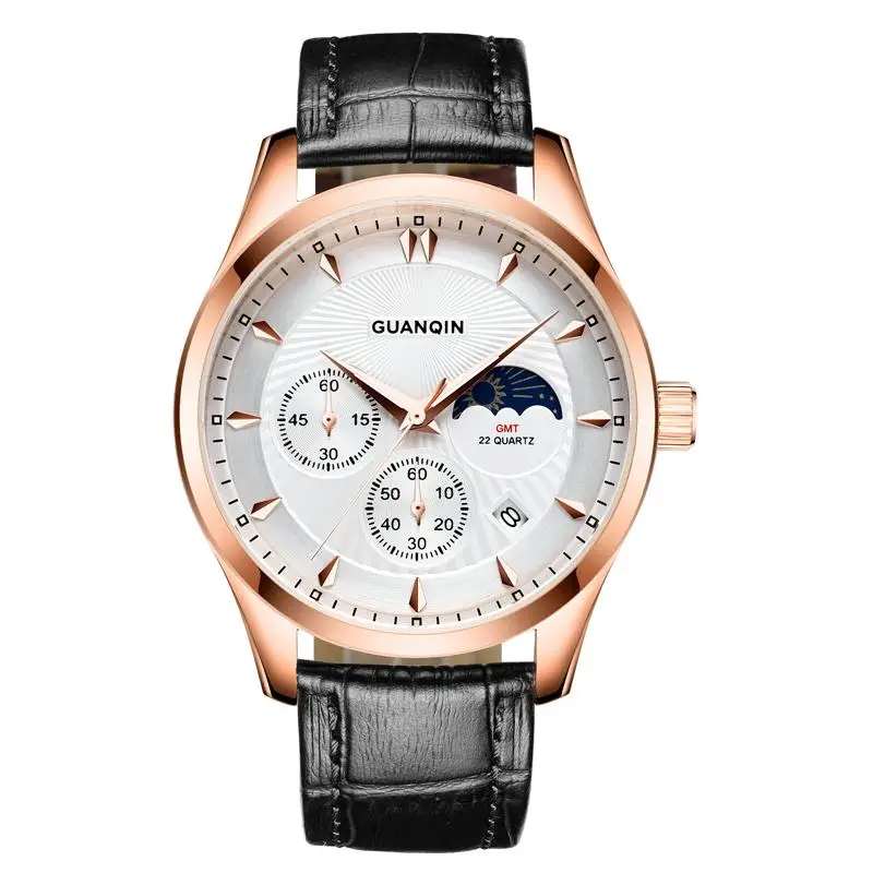 GUANQIN GQ80069 Moon phase GMT Лидирующий бренд часы для мужчин Новая мода мужской водонепроницаемый кожаный ремешок наручные часы Reloj Hombre - Цвет: Серебристый