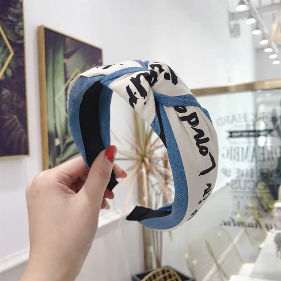 Haimeikang тонкая простая повязка для головы корейская ткань деним письмо наголовный обруч завязанный узел широкая сторона модные аксессуары для волос