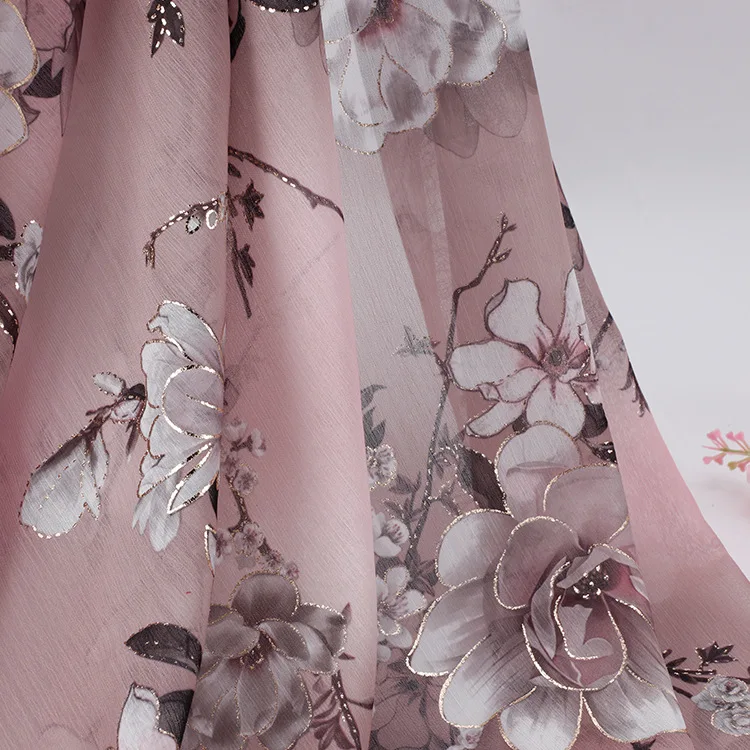 Pink Floral Chiffon Fabric By The Meter, Bronzing Metallic Flower Print Apparel Designer Fabric For Dresses
