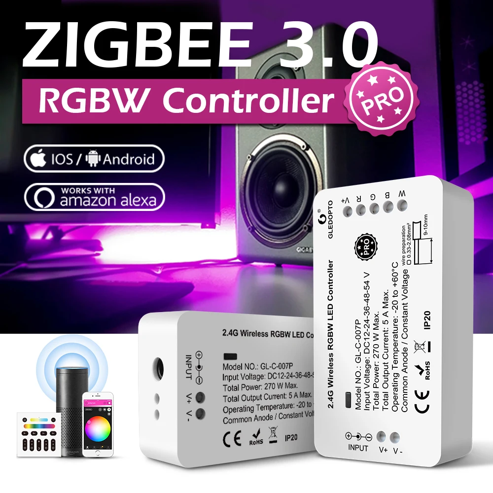 

GLEDOPTO ZigBee 3.0 Pro RGBW LED Strip Controller Work with Alexa Echo Plus SmartThings RF Remote Smart APP Voice Control