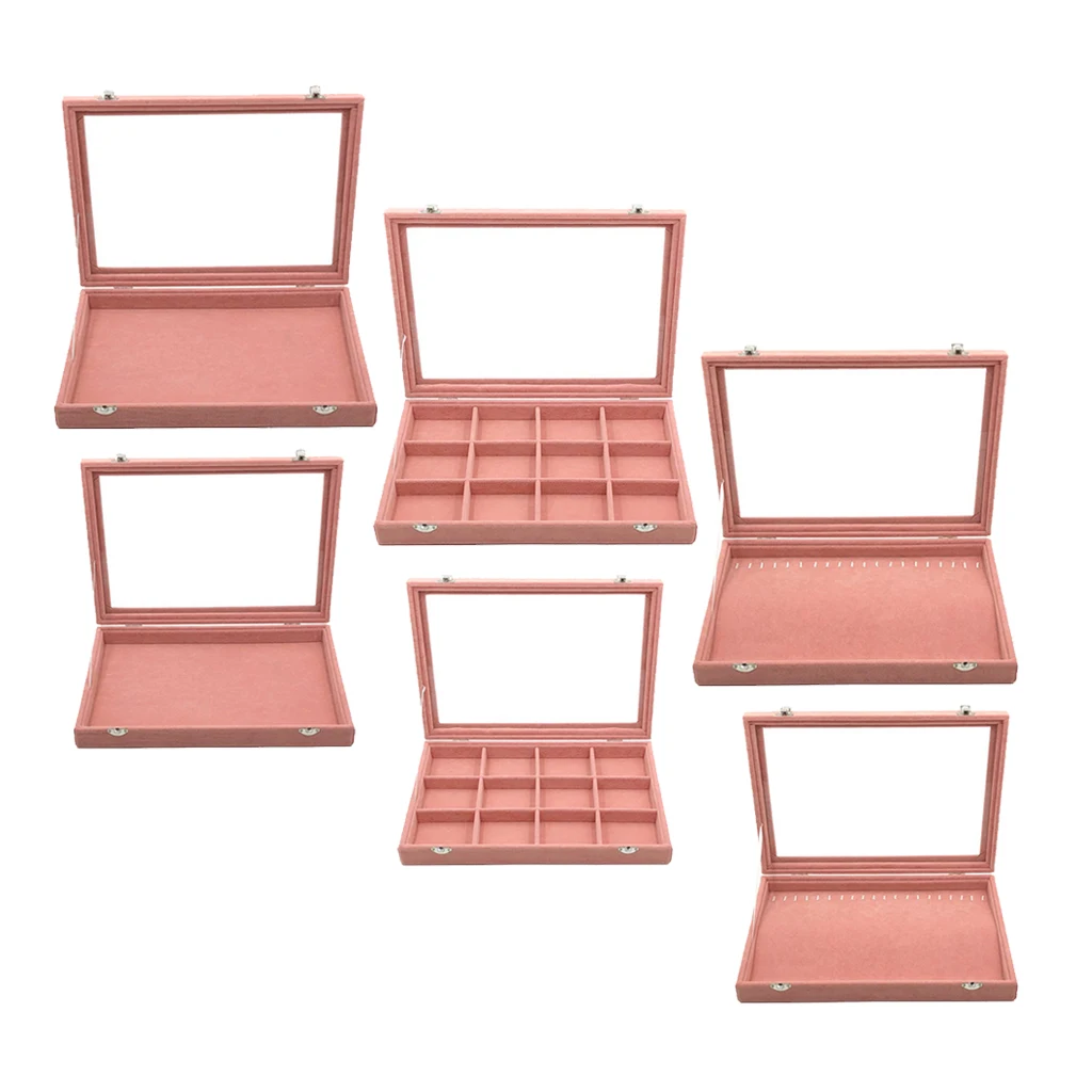 Jewelry Tray, Velvet Case Organizer with Glass Lid for Ring, Stud, Necklace, Bracelet, etc