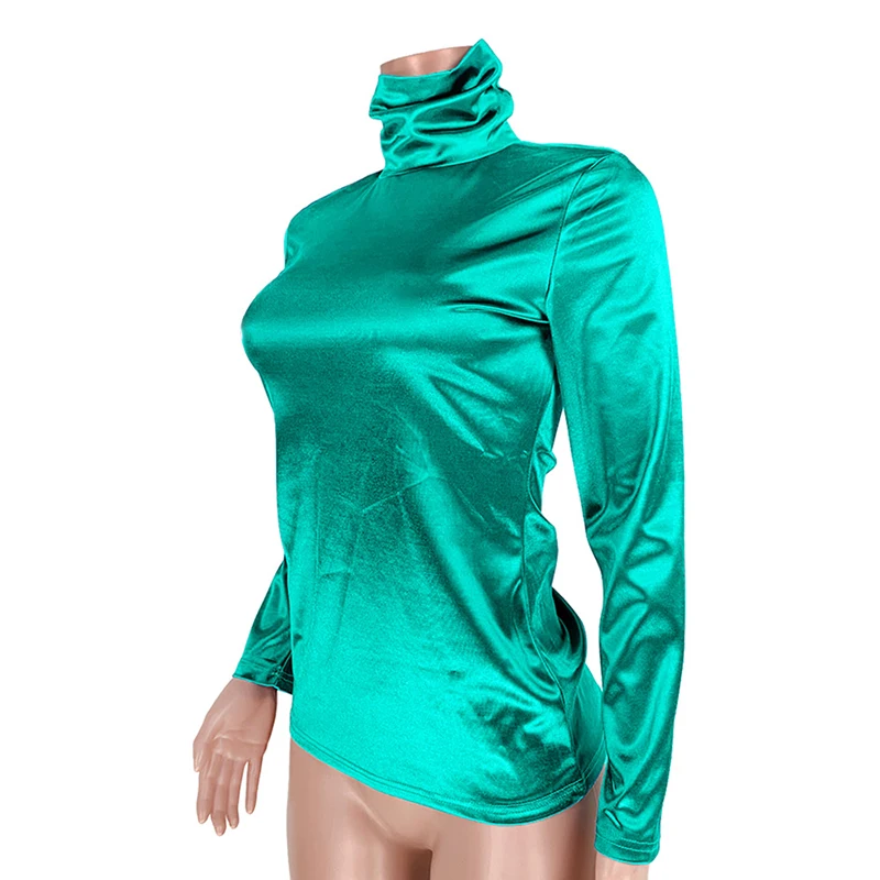 Женская одежда, Весенняя однотонная водолазка, тонкая футболка с длинным рукавом, женская сексуальная блестящая Европейская футболка для ночного клуба SJ5378U