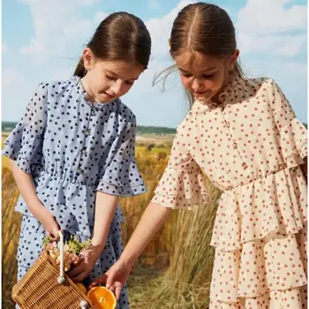 

Summer Simple Trendy Girls Kid Children Ruffled Half-high Crew Neck Dot Button Layered Dress Trumpet Sleeve Cake Dresses Holiday