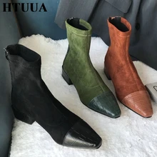 HTUUA/женские полусапожки из флока высокого качества из крокодиловой кожи; осенние ботинки на молнии с квадратным каблуком; женская обувь; SX3493