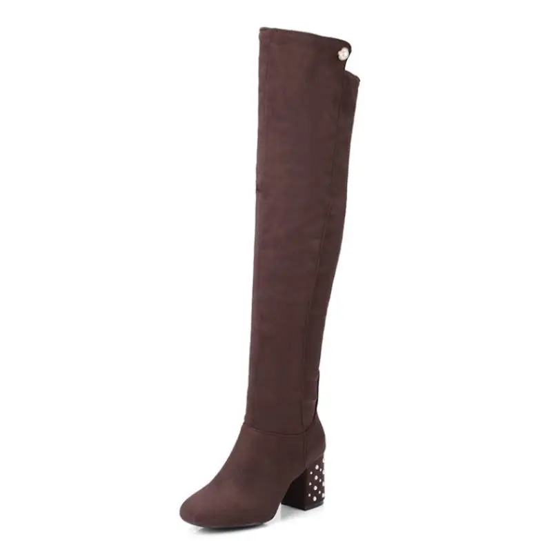 RIZABINA Big Size 34-47 Women Thigh High Boots Winter Keep Warm Fur Shoes Women Fashion String Beads High Heels Long Boots - Цвет: Коричневый
