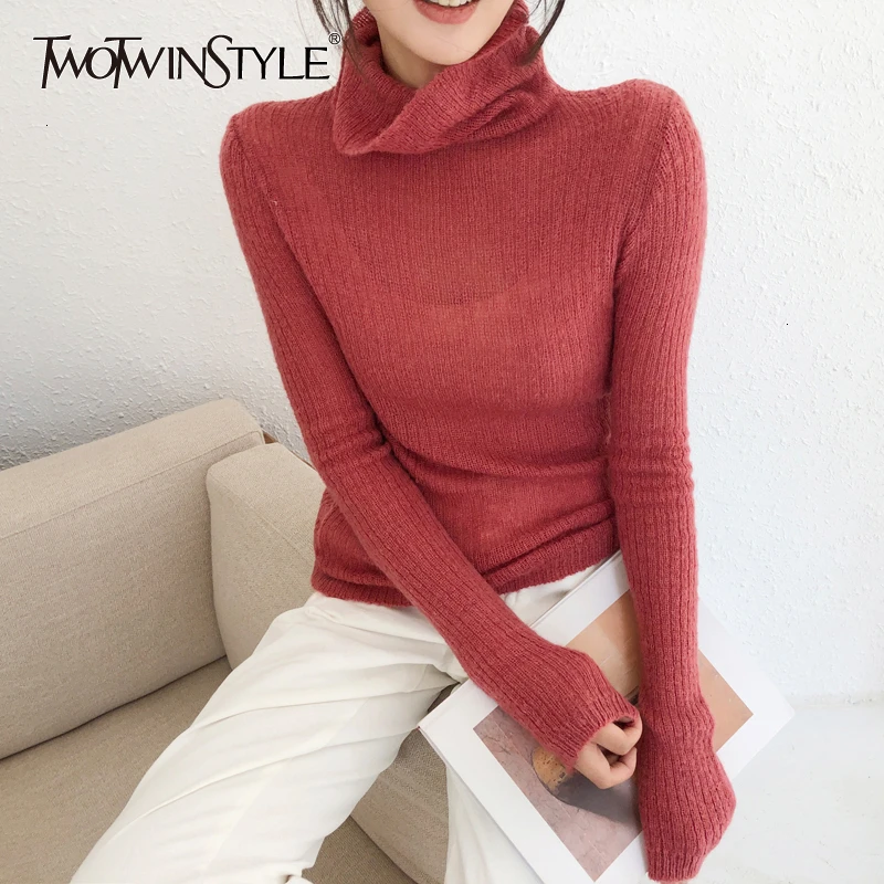 TWOTWINSTYLE вязаный Повседневный женский свитер с длинными рукавами, водолазка, тонкие корейские свитера, Женская Осенняя мода, новая одежда