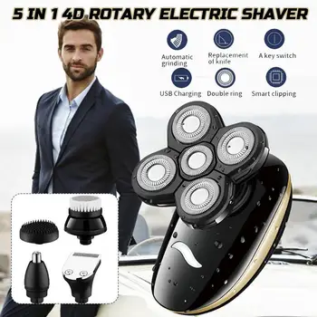 

5 In 1 4D Men's Rechargeable Bald Head Electric Shaver 5 Floating Heads Beard Nose Ear Hair Trimmer Razor Clipper Facial Brush