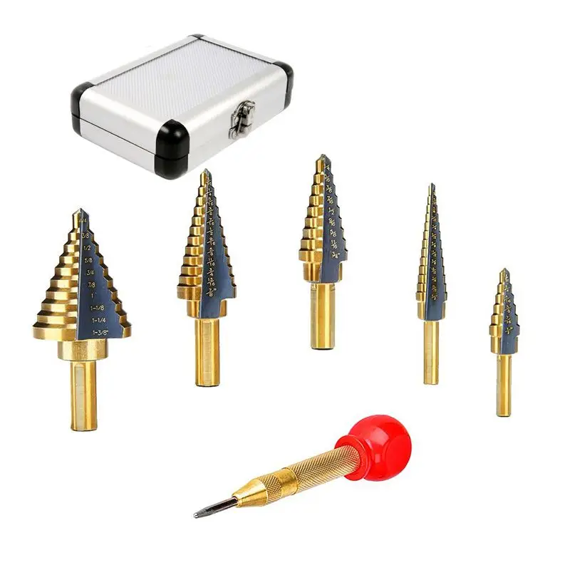 

Automatic punch center and aluminum shell 5 pcs step drill bit, high-speed steel drill