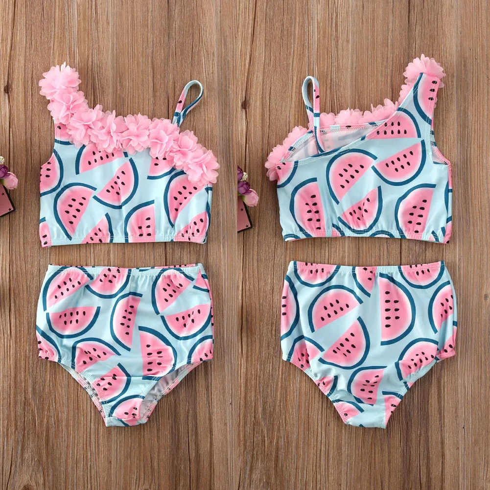 Модный трендовый детский купальный костюм для маленьких девочек, купальный костюм из 2 предметов, бикини с оборками в виде арбуза, купальный костюм, пляжная одежда