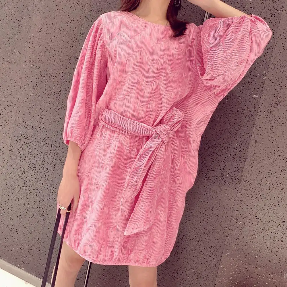 

2019 fashion new women puff sleeve dress female loose pleated pink dress with sashes ddxgz2