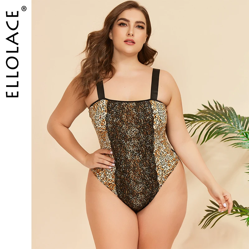 

Ellolace Leopard Lace Bodysuit Plus Size Women Bodys Sleeveless Bodycon Rompers Female Transparent Overalls 2020 New Wholesale