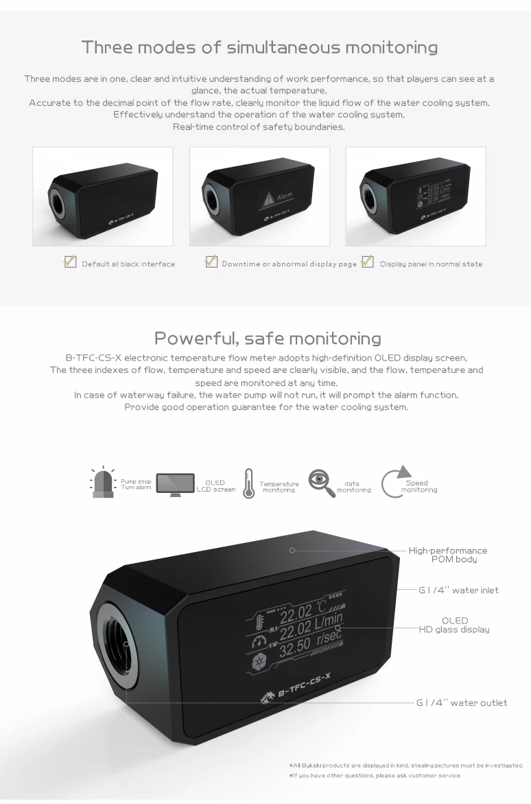 Bykski-PC Liquid Cooler Flow Meter e Termômetro,