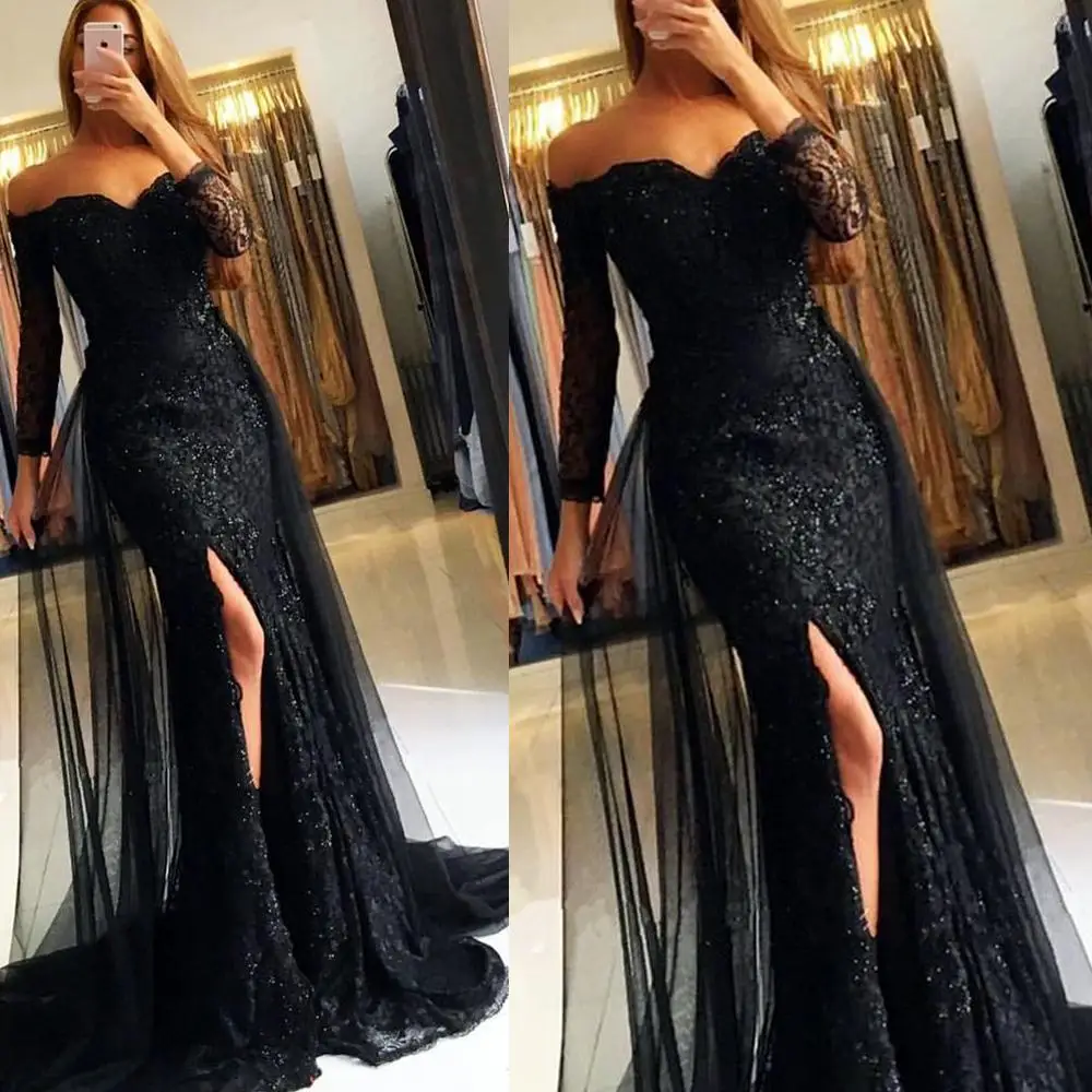 

SuperKimJo Black Lace Applique Evening Dresses Long Sleeve Detachable Skirt Off the Shoulder Evening Gown Vestido Longo Festa