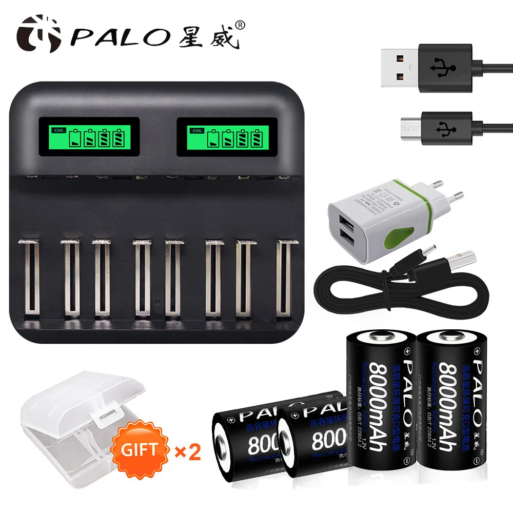PALO 2~ 8 шт 8000 mAh 1,2 V D Размер аккумуляторные батареи для вспышки светильник газовая плита радио холодильник с чехол батареи - Цвет: 4pcs and charger