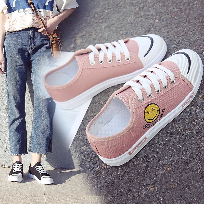 

Canvas Shoes Women's 2018 Spring And Autumn New Style Korean-style Lace-up Smiley Female Flat Bottom Shoes Versatile White Shoes