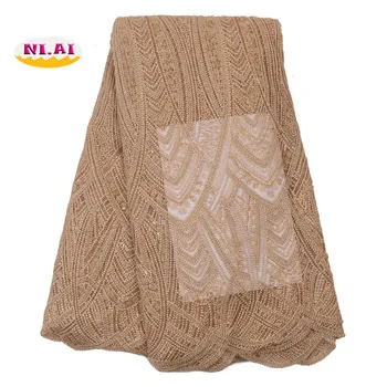 

NIAI Gold High-end African Lace Fabric 2020 High Quality Lace Material Handmade Beaded Nigerian Lace Fabrics For Dress XY3126B-5
