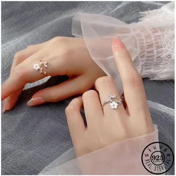 

Trendy Girls 925 Sterling Silver Shell Flower Shape Finger Ring Adjustable Open Knuckle Cubic Zirconia Leaf Rings for Women
