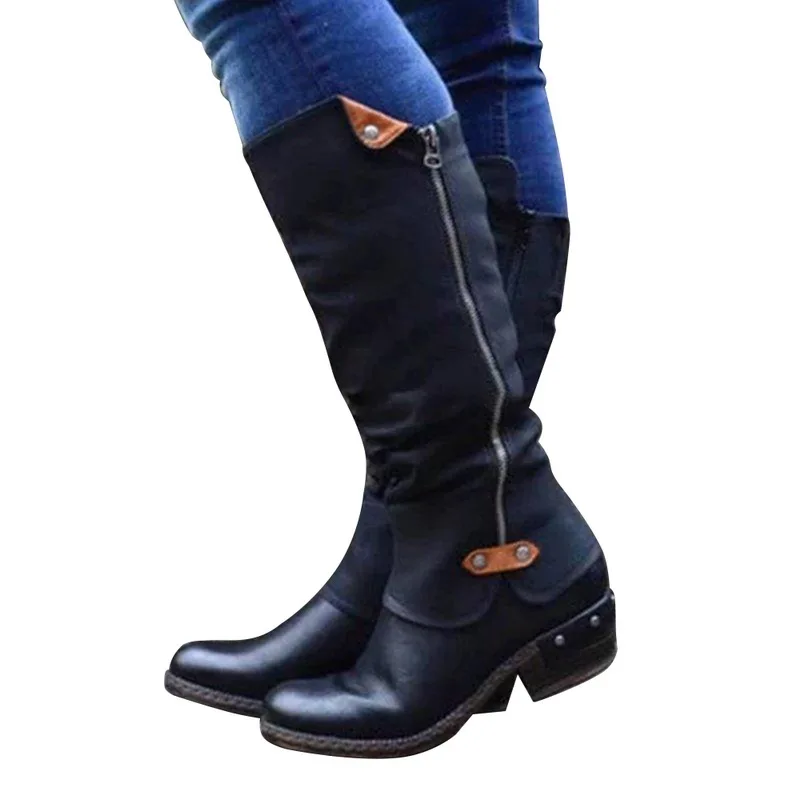 WENYUJH/зимняя обувь; женские ботинки; классические женские ботинки до середины икры; женская обувь на платформе с круглым носком, на молнии; теплые ботинки на шнуровке - Цвет: black