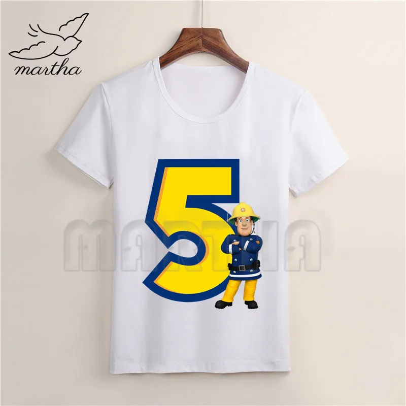 

Kids Fireman Sam Birthday Number 1-9 Cartoon Funny White T-shirt Kids Party Tops Children Short Sleeve Tshirt Baby Clothes