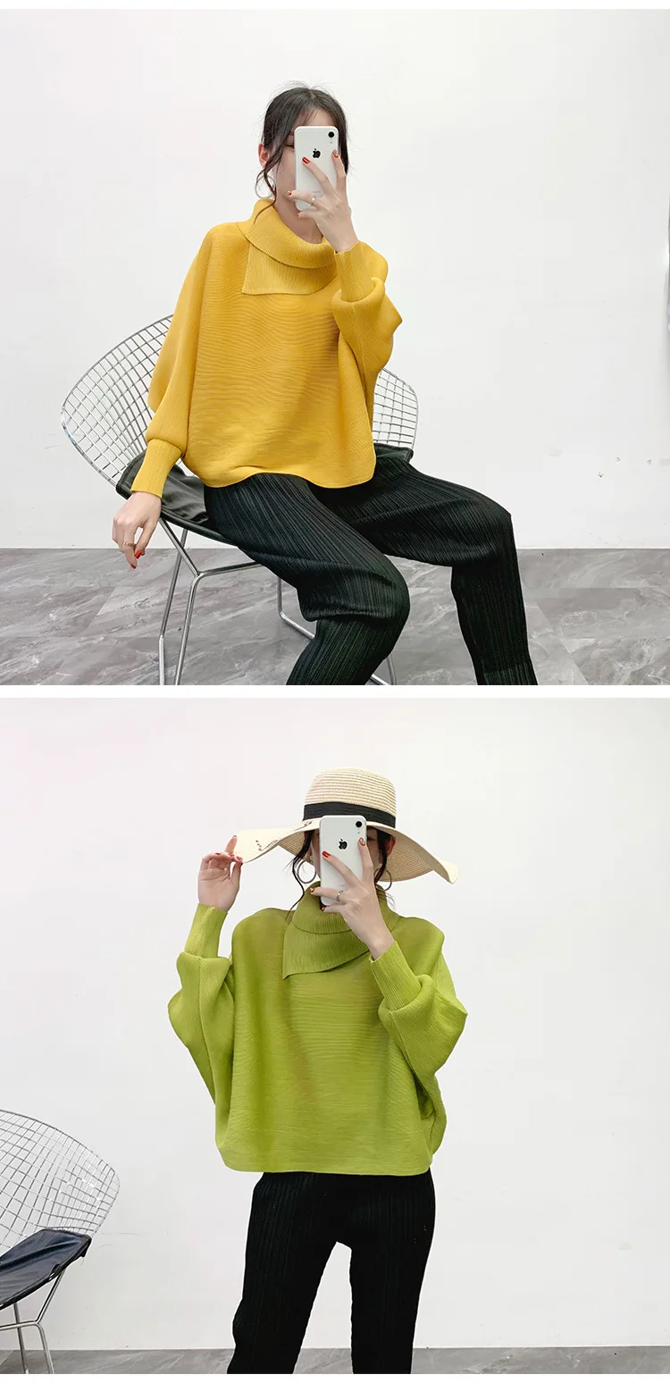 Miyake, рубашка с отворотом, рукав летучая мышь, зима, новая плиссированная рубашка с длинным рукавом, свободный женский свитер
